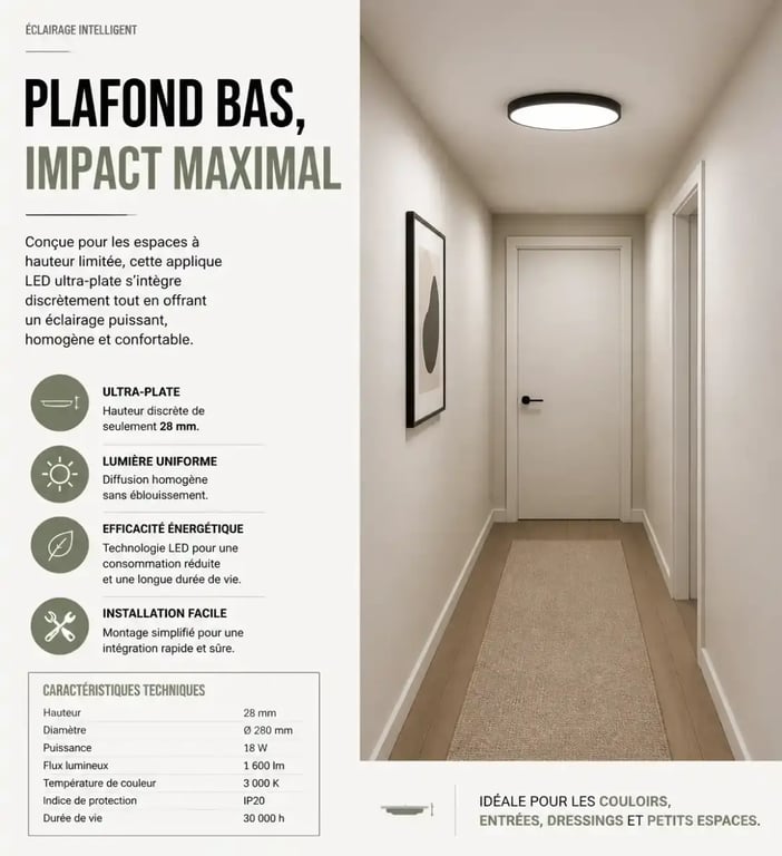 Lustre couloir étroit avec plafonnier LED discret pour optimiser l'espace