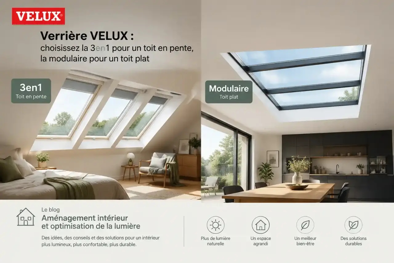 Verrière VELUX : choisissez la 3en1 pour un toit en pente, la modulaire pour un toit plat