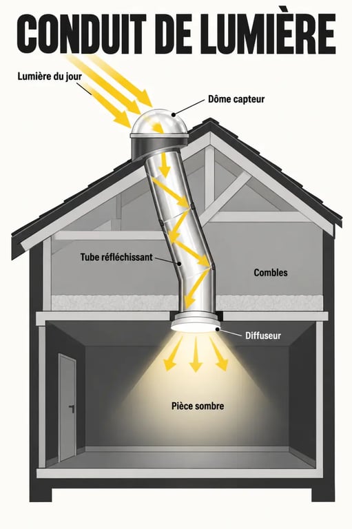 Schéma du fonctionnement d’un conduit de lumière avec capteur, tube réfléchissant et diffuseur