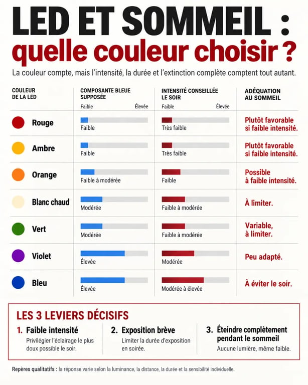 Infographie sur la meilleure couleur pour dormir avec une LED, du rouge et de l’ambre aux lumières bleue et blanche froide
