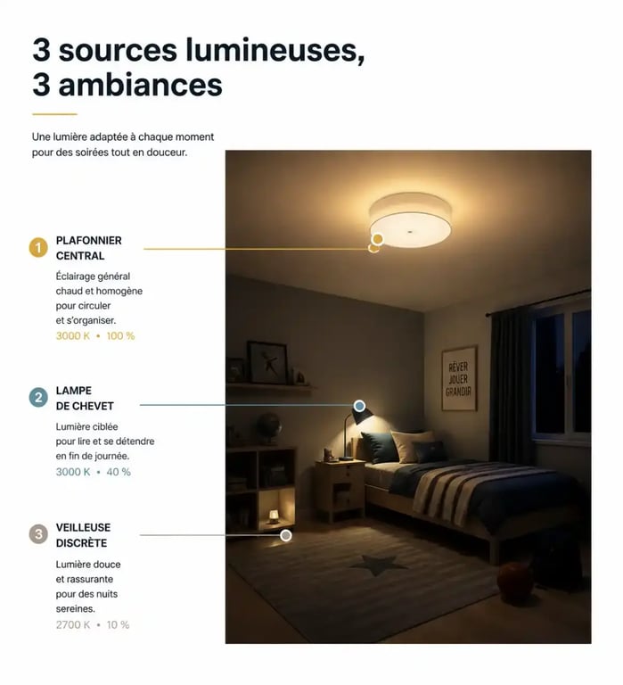 Lustre chambre garcon avec veilleuse et lampe de chevet créant une gradation lumineuse pour le coucher