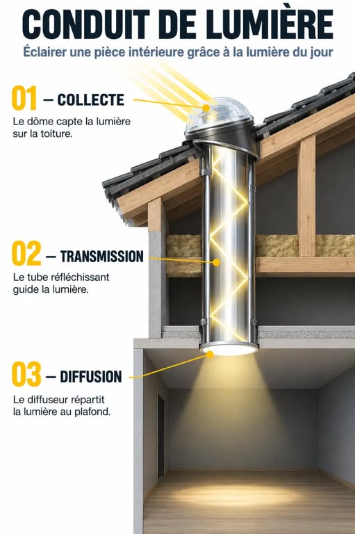 Schéma du fonctionnement d’un puits de lumière avec collecte, transmission et diffusion