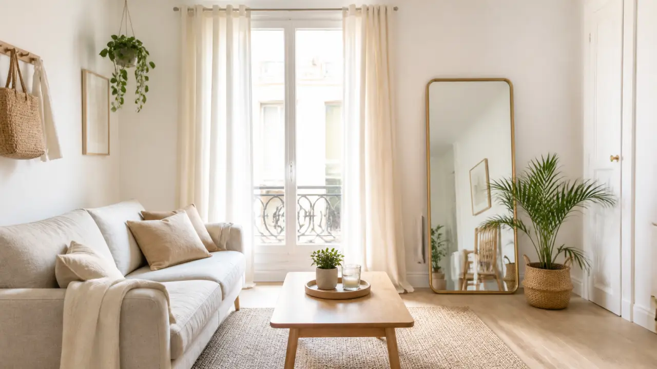 Salon lumineux et minimaliste baigné de lumière naturelle