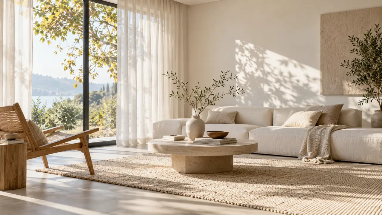 Salon minimaliste baigné de lumière naturelle au fil des saisons