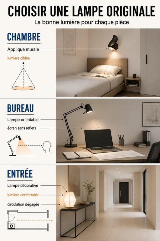 Lampes originales pour chambre, bureau et entrée avec éclairage adapté à chaque usage