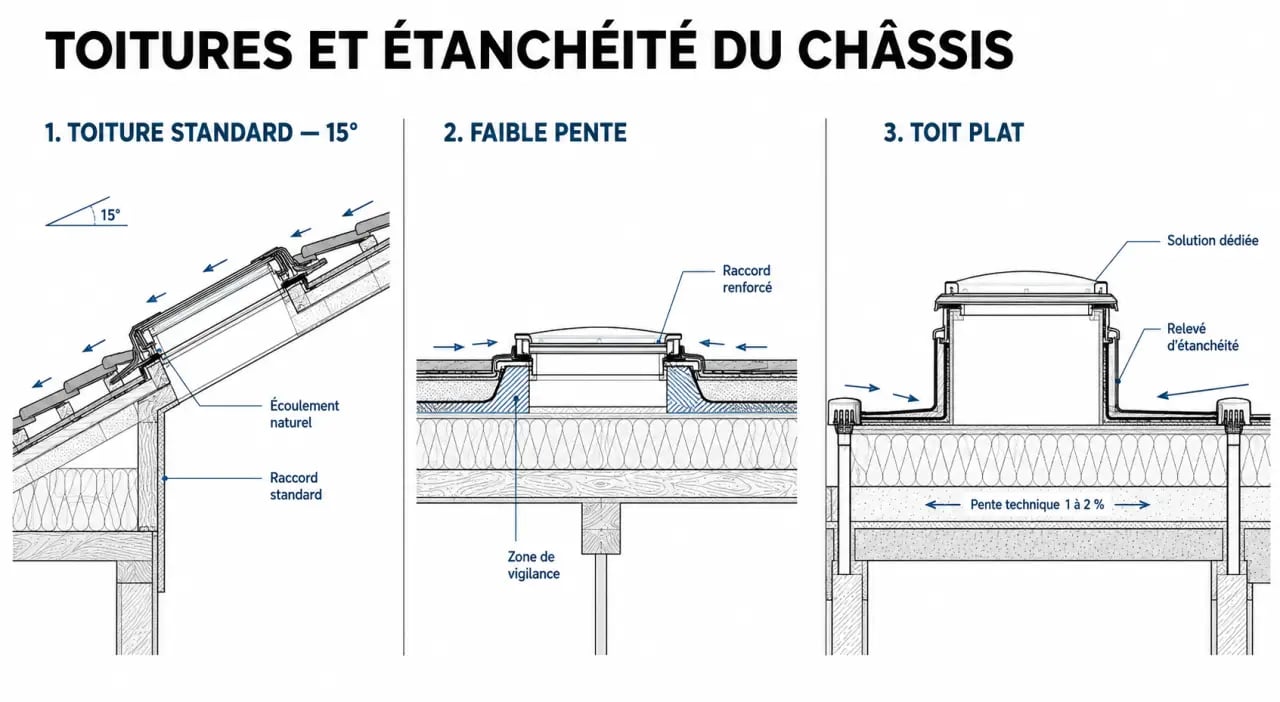 Pente minimum pour un Velux : comparaison visuelle entre toit standard, faible pente et toit plat