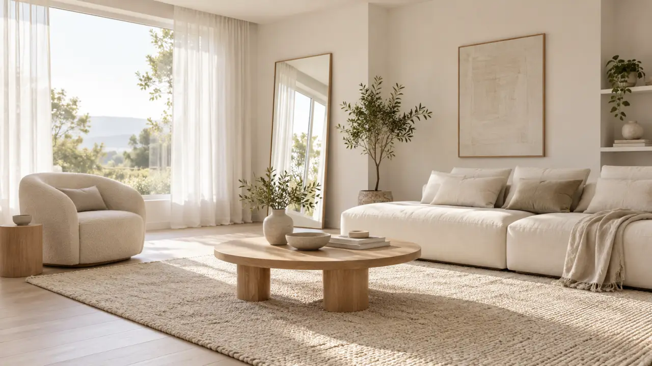 Salon minimaliste aux murs clairs, baigné d'une lumière douce