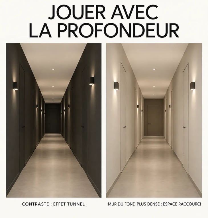 Avant après de peinture pour couloir sombre étroit et long avec mur du fond accentué