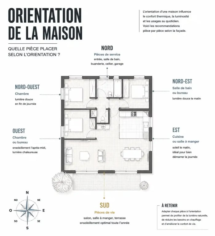 Schéma d'orientation d'une maison illustrant la meilleure orientation maison par pièce