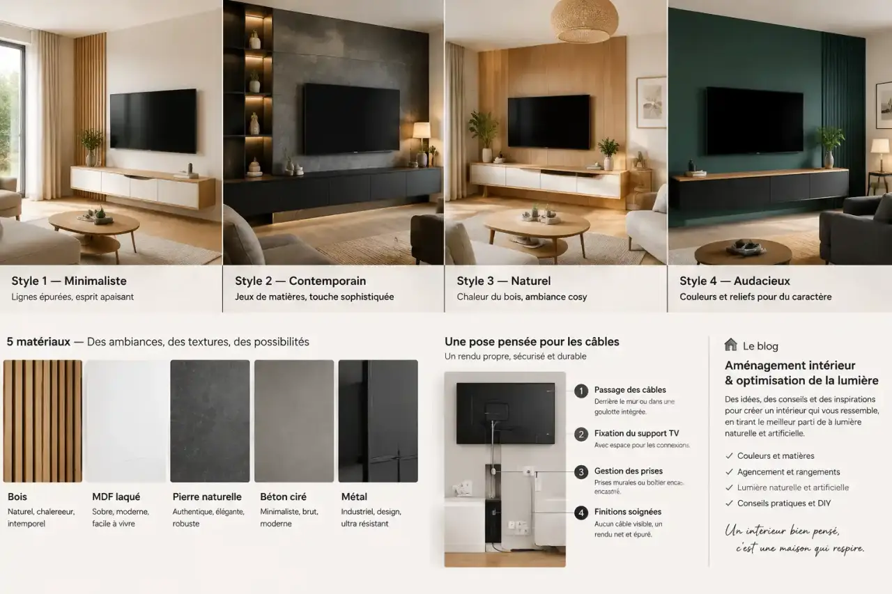 Habillage mur TV : 4 styles, 5 matériaux et une pose pensée pour les câbles
