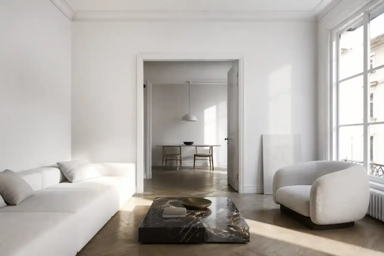 Salon lumineux et minimaliste baigné de lumière naturelle