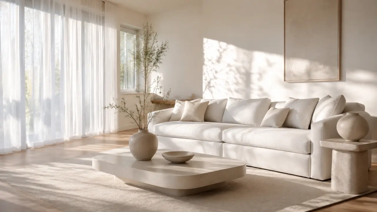 Salon minimaliste baigné de lumière naturelle, murs blancs et atmosphère apaisante