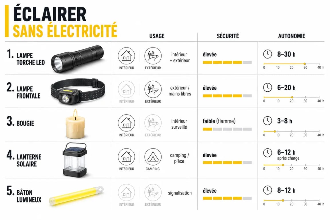 Éclairer sans électricité : comparatif visuel des lampes torches, lampes frontales, bougies, lanternes solaires et glow sticks